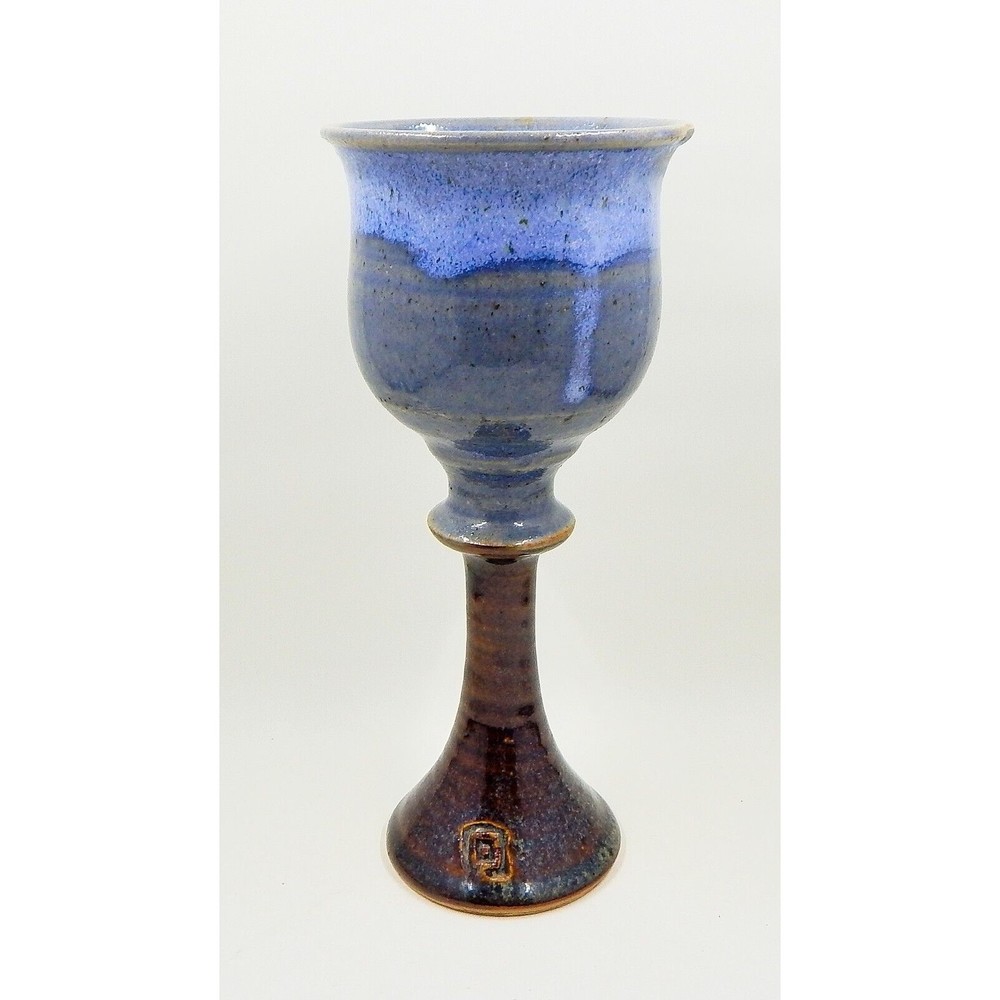 Stoneware Goblet Chalice Art Pottery Cobalt Blue Drip Glaze 8"
